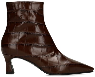 Manfield - Dames - Donkerbruine leren croco enkellaarsjes met hak - Maat 36
