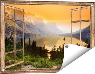 Gards Tuinposter Doorkijk Bergen met een Meer in Nationaal Park Glacier - 60x40 cm - Tuindoek - Tuindecoratie - Wanddecoratie buiten - Tuinschilderij