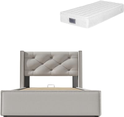 Gotagee Hydraulisch Gestoffeerd bed 90x200 cm Eenpersoonsbed Met lattenbodem uit metalen frame Modern bedframe Met opbergruimte Katoen Lichtgrijs Met matras