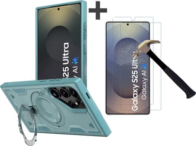 Hoesje Geschikt voor Samsung Galaxy S25 Ultra met 2 Stuks gehard glas Screenprotectors - Armor hoes met Ringhouder - Arara backcover - Lake Blauw