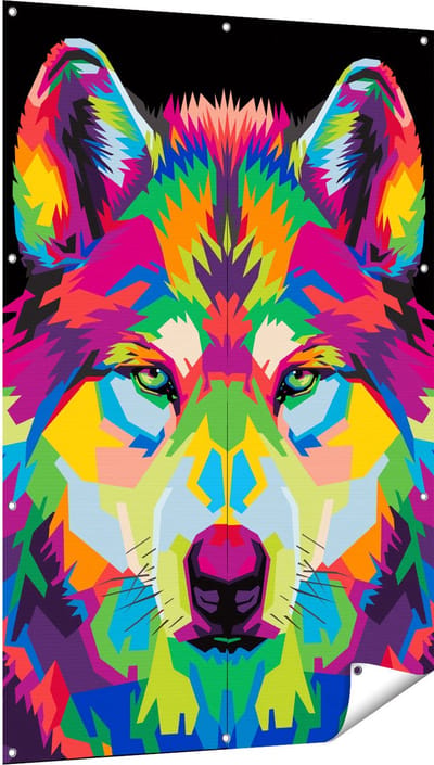 Gards Tuinposter Gekleurde Wolvenkop - Wolf - Abstract - 100x150 cm - Tuindoek - Tuindecoratie - Wanddecoratie buiten - Tuinschilderij