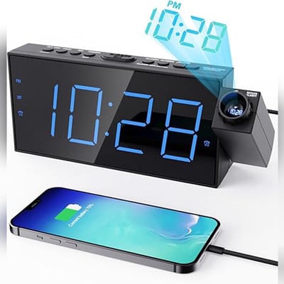 Wekker met Projectie & USB-Oplader – 350° Draaibare Projectiewekker met Dimmer – Groot LED-Display – Dubbel Alarm, Snooze, 12/24 u, DST & Batterij-Back-up