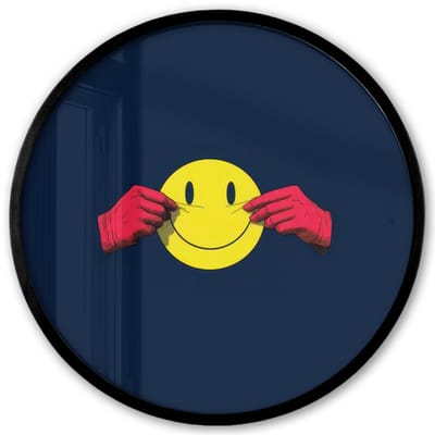 Poster in lijst Rond - Fotolijst 40x40 cm - Posters - Smiley - Geel - Handen - Minimalistisch - Ronde posterlijst zwart - Decoratie - Wanddecoratie woonkamer - Muurdecoratie slaapkamer