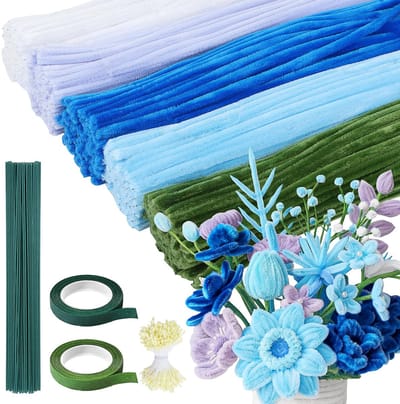 500 stuks Blauwe chenilledraad | pijpenragers in 5 kleuren | met meeldraden en kunstmatige bloemstelen | voor DIY bloemenboeketten en Creativiteit doe-het-zelf decoratie, kunst- en knutselprojecten|Cyslmuk®