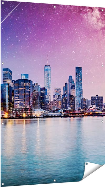 Gards Tuinposter New York Skyline met een Kleurrijke Hemel - 100x150 cm - Tuindoek - Tuindecoratie - Wanddecoratie buiten - Tuinschilderij