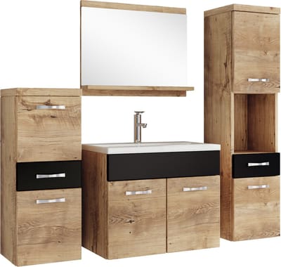 Badplaats Badkamermeubel Set Alba 60 x 35 cm – Kastanje Eiken met Mat Zwart – Badmeubel met Spiegel en Zijkasten