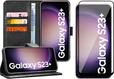 Hoesje geschikt voor Samsung Galaxy S23 Plus - Screen Protector FullGuard - Book Case Kunstleer Pasjeshouder Zwart & Screenprotector