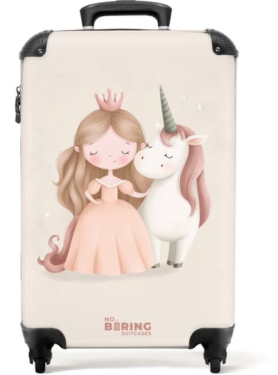 NoBoringSuitcases.com® - Kinderkoffer meisje - Kindertrolley meisjes - Prinses en een eenhoorn in pastel kleuren - Handbagage koffer lichtgewicht - Reiskoffer trolley kinderen - Rolkoffer met wieltjes - Past binnen 55x40x20 en 55x35x25