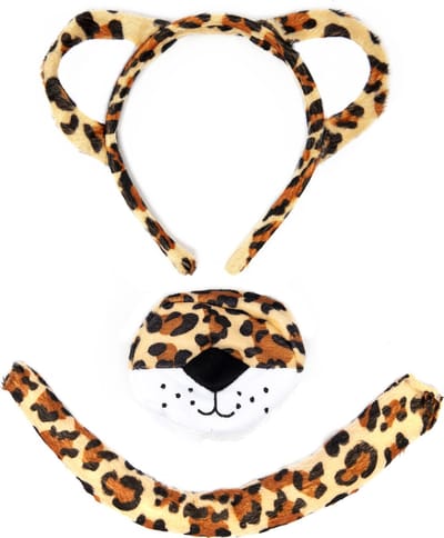 KIMU® Luipaard Haarband Oren, Neus, & Staart Diadeem Set - Bruin Lichtbruin Beige Luipaardpak Dierenpak Oortjes Pak - Staartje Cheetah Festival