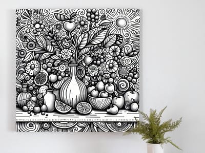 Doodle stilleven schilderij | Wervelende Doodles: Een Levendig Stilleven van Creatief Meesterwerk | Kunst - 60x60 centimeter op Canvas | Foto op Canvas