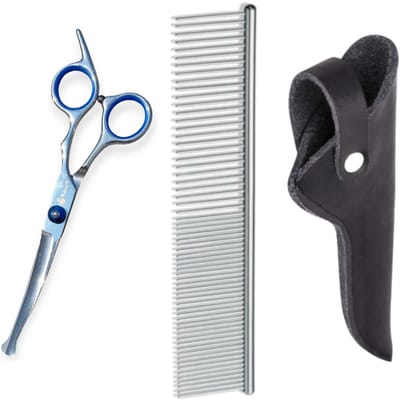 Professionele Hondenschaar – Trimschaar Ergonomisch Krom Rechts – Vacht- & Pootverzorging voor Langharige Honden – Blauw met Luxe Lederen Etui – 16,5 cm – Zwart + Anti-Klit Kam – Pijnloos & Huisdiervriendelijk