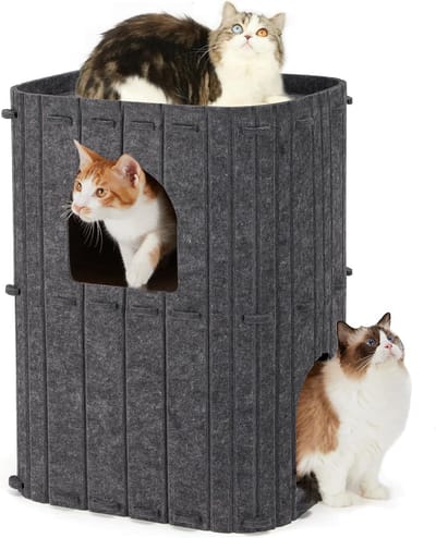 Famanu – Kattenhuis voor Binnen met Twee Verdiepingen – Ruime Vilten Kattenbedgrot voor Spelen en Rusten