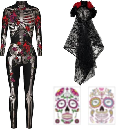 Halloween Skelet Kostuum met Rozen, Jumpsuit, Haarband en Gezichts Tattoos voor Feest en Carnaval