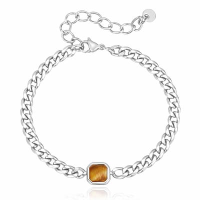 Mendes Stalen Schakelarmband Zilverkleurig Tijgeroog
