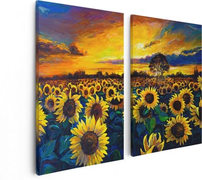 Artaza Canvas Schilderij Tweeluik Getekende Zonnebloemen Veld Met Olieverf - 80x60 cm - Wanddecoratie Woonkamer - Schilderijen - Muurdecoratie