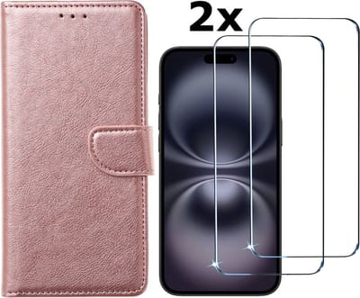 Hoesje Geschikt voor iPhone 16 Plus hoesje bookcase met 2 stuks screenprotectors – Rosegoud