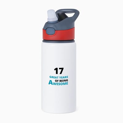 Hacebo® - 17 great years of being awesome waterfles met rietje rood - Hoera 17 jaar - iemand die 17 jaar is geworden - verjaardagscadeau - verjaardag - cadeau - kado - geschenk - gift - goeie jaren - water fles - 650ML