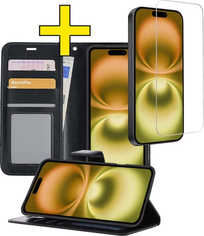 Hoesje - Met Screenprotector - Geschikt voor Apple iPhone 16 - Luxe Pasjeshouder - Bookcase Portemonee - Flip Case - Kunstleer Book Case - Flipcase - Book Cover - Walletcase - Portemonneehoes - Telefoonhoesjes - Zwart