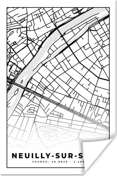 Poster Kaart - Plattegrond - Frankrijk - Stadskaart - Neuilly-sur-Seine - Zwart wit - 120x180 cm XXL