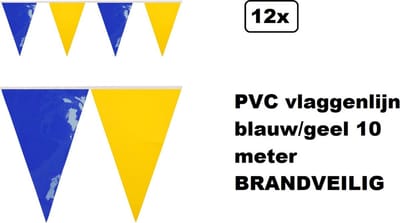 12x PVC vlaggenlijn blauw-geel 10 meter BRANDVERTRAGEND - Themafeest Gala festival verjaardag evenement party Brandveilig keurmerk