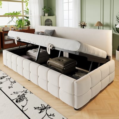 Sweiko Slaapbank - 90 x 200 cm - Opbergruimte - Zonder hoofdeinde - Klassiek ruitpatroon - Velvet - Beige