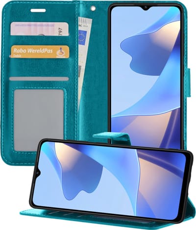 Hoesje - Geschikt voor OPPO A16 - Luxe Bookcase - Walletcase Hoes - Portemonnee - Cover - Telefoonhoes - Turquoise