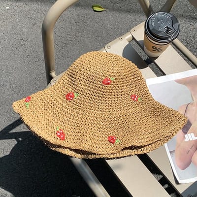 Printemps et Été Nouveau Chapeau de Paille Brodé Fraise Doux et Mignon pour Femmes Protection Solaire d'Été Protection Solaire Vacances Chapeau de Soleil Chapeau de Paille one size fits all brown