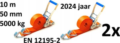 2 xComplete transportband spanband met ratel - Totale lengte: 10 meter, Breedte: 50 mm, Lengte riem: 9,5 m, Lengte spanner: 0,5 m, Norm: EN 12195-2, Sterkte: 5000 kg, Oranje kleur, Productiedatum 2024. GS-markering door het TÜV Rheinland-laboratorium