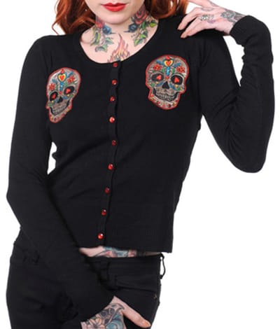 Banned - SUGAR SKULL Cardigan - S/M - Zwart/Rood