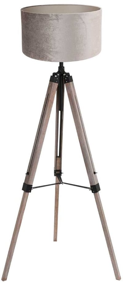 Vloerlamp Triek 4106ZW, stoer houteffect met textiele grijze lampenkap, hoogte verstelbaar van 135-160 cm, Mexlite