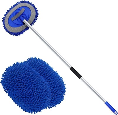 VIN® Autowasborstel - Autowasborstel met Telescopische Steel - 160 cm Autowasmop - Lange Steel - Multifunctionele Autoreinigingsborstel Voor Auto's - Campers,Vrachtwagens - Ramen (180° Draaibare Kop) - Blauw