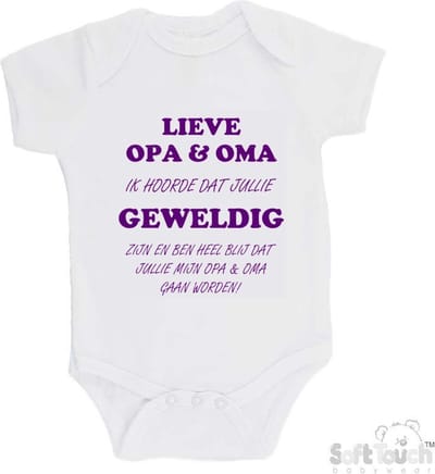 100% katoenen Romper "Lieve opa & oma ik hoorde dat jullie geweldig zijn en ben heel blij dat jullie mijn opa & oma gaan worden!" Meisjes Katoen Wit/paars Maat 62/68