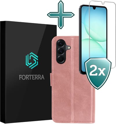 Hoesje Met 2x Screenprotector - Geschikt voor Samsung Galaxy A17 - Luxe Pasjeshouder - Flip Case - Bookcase Portemonee - Kunstleer Book Case - Flipcase Hoes - Book Cover - Walletcase - Portemonneehoes - Rosé goud