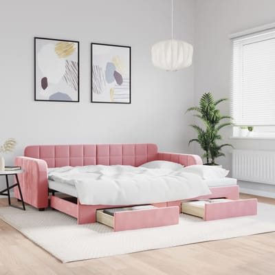 vidaXL - Slaapbank - met - onderschuifbed - en - lades - 90x200 - cm - fluweel - roze