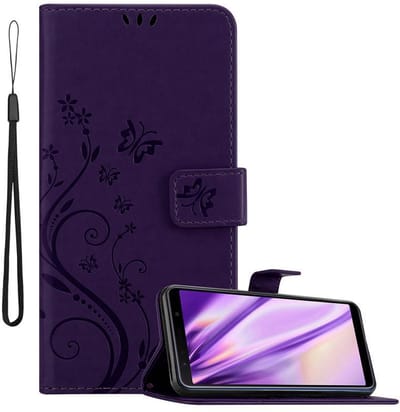 Cadorabo Hoesje geschikt voor Samsung Galaxy A7 2018 in BLOEMEN DONKER PAARS - Beschermhoes in bloemmotief met magnetische sluiting, standfunctie en kaartsleuven Book Case Cover Etui