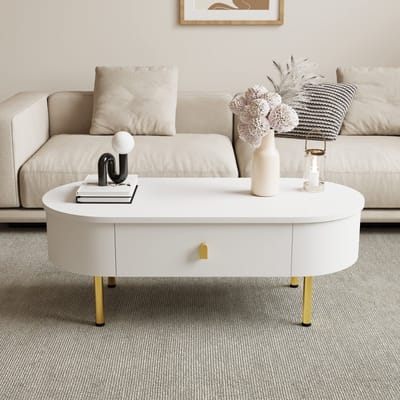 Sweiko Salontafel - 2 Laden - Gouden Poten - Ronde Hoeken - Wit