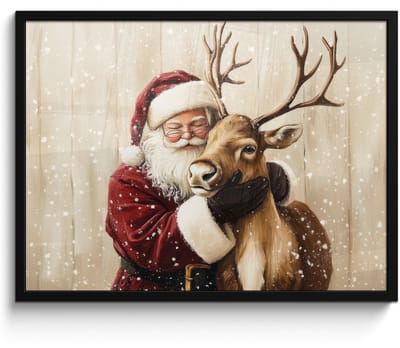 Poster in lijst - Fotolijst 80x60 cm - Posters - Kerstman - Rendier - Sneeuw - Kleurrijk - Posterlijst zwart - Decoratie - Wanddecoratie woonkamer - Muurdecoratie slaapkamer - Kerstversiering - Kerstdecoratie voor binnen - Kerstmis