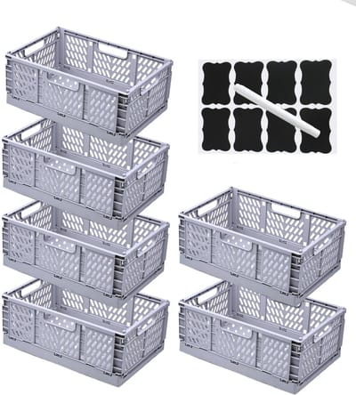 Set van 6 Opvouwbare Opbergdozen met Etiketten en Pennen,Opvouwbare Opbergmanden met Handvatten,Stapelbaar voor keuken,kantoor en lades (Grijs, 42,5×28,5×16,5 cm)