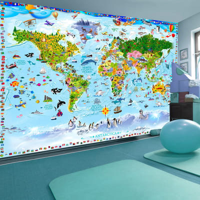 200cm X 140cm - Fotobehang - Wereldkaart voor kinderen, multi-gekleurd, premium print vliesbehang, 5 maten, geen behangtafel nodig, eenvoudig aan te brengen, instructies bijgevoegd