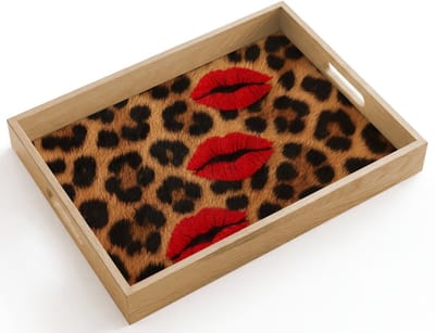 Dienblad hout 40x30 cm - Schootdienblad - Lippen - Drie - Rood - Panterprint - Borrelplank rechthoek - Plateau dienbladen