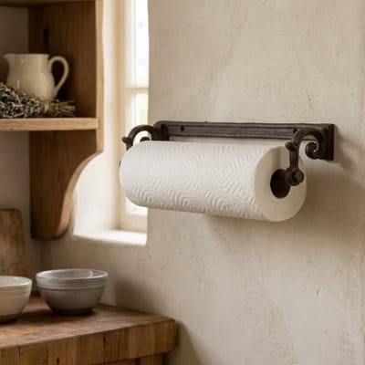 Landelijke Keukenrolhouder van Gietijzer Bruin muurbevestiging 27.5x6x7.5 centimeter - Ook geschikt als Handdoekhouder