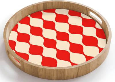 Dienblad rond 40x40 cm - Schootdienblad hout - Golvend patroon - Retro - Rood - Beige - Borrelplank rechthoek - Plateau houten dienbladen
