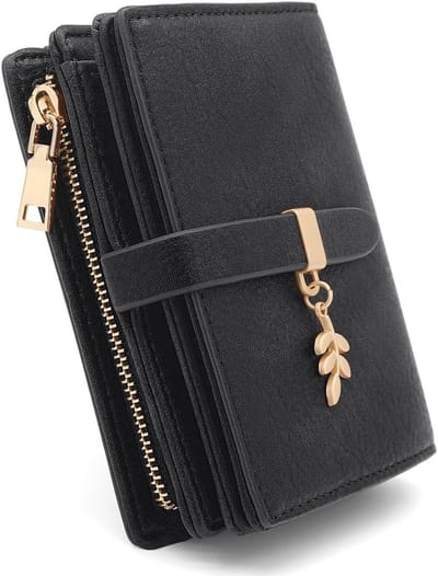 portemonnee voor dames, klein, PU-lederen portemonnee met RFID-blokkering, kleine portemonnee met ritssluiting, drukknop en 17 kaartvakken, zwart, 10x12x4cm, Modern