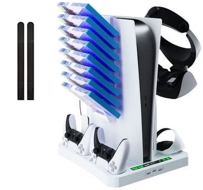 NAXSIR Multifunctionele Koelbasis voor PS5 Console, Laadstation voor PS VR2 & PS5 Controllers, Opslagrek voor Game Schijven & VR-Headset