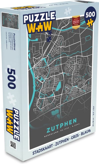 Puzzel Stadskaart - Zutphen - Grijs - Blauw - Legpuzzel - Puzzel 500 stukjes - Plattegrond