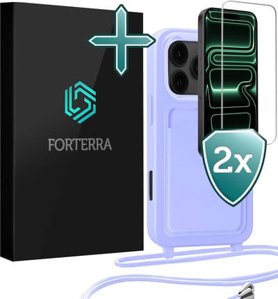 Hoesje Geschikt voor iPhone 17 Pro Max Pashouder Case Siliconen Hoes Met Koord Met 2x Screenprotector - Hoes Geschikt voor iPhone 17 Pro Max Met Telefoonkoord Hoesje Back Cover Met Pasjeshouder - Lila