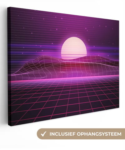 Canvas schilderij 40x30 cm - Wanddecoratie Gaming - Neon - Retro - Paars - Zon - Gamen - Muurdecoratie game room - Gaming kamer decoratie - Gameroom accessoires - Schilderijen
