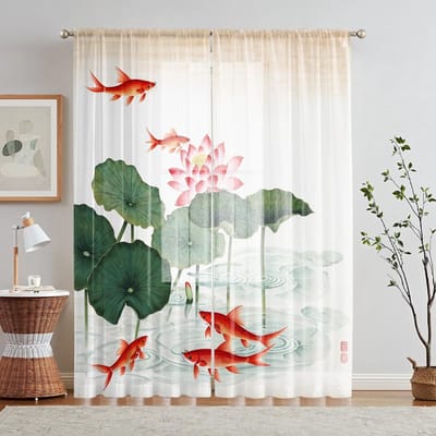 2 Pièces HD Numérique Lotus Chinois Feng Shui Carpe Fortune Imprimé Écran de Fenêtre Style Décoration Intérieure Décoration Salon Chambre W52H63inchW132H160cm white