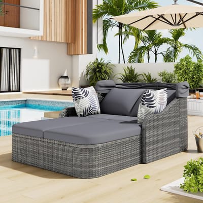 Zonne-eiland 2 Persoons met Verstelbaar Dak 203 x 120 x 126 cm – Luxe PE-Rotan Sun Island Lounge Bed met Kussens en Ligfunctie – Weerbestendig Tuin- en Zwembad Loungeset – Grijs – Laura