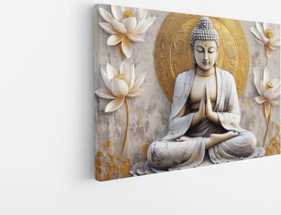 Saammp Canvas Schilderij - Boeddha met witte bloemen - 45x30 - Foto op canvas - Wanddecoratie - Muurdecoratie Woonkamer - Canvas schilderijen